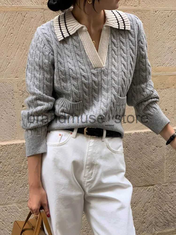 Women's Knits Tees HOUZHOU Cable Knit Sweater Women 2023 Autumn Korean Vintage Turn-down Collar Loose Long Sleeve Sweater Old Money Style Pullove