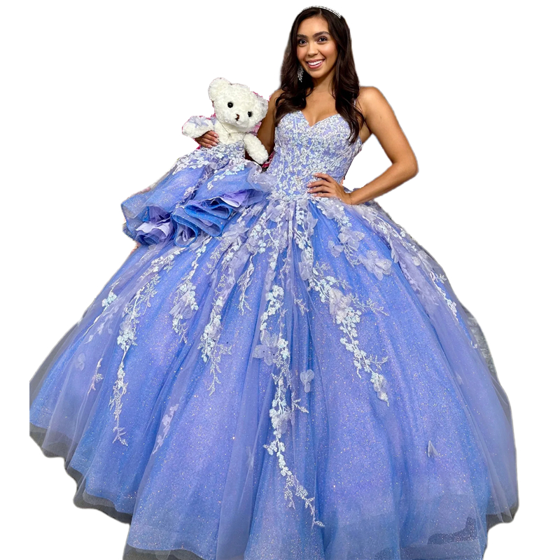 3D ral Appliqued Quinceanera Dresses or Length Glitter Sequined Tulle Long Prom Sweet 16 Dress Lavender Princess Brithday Gowns