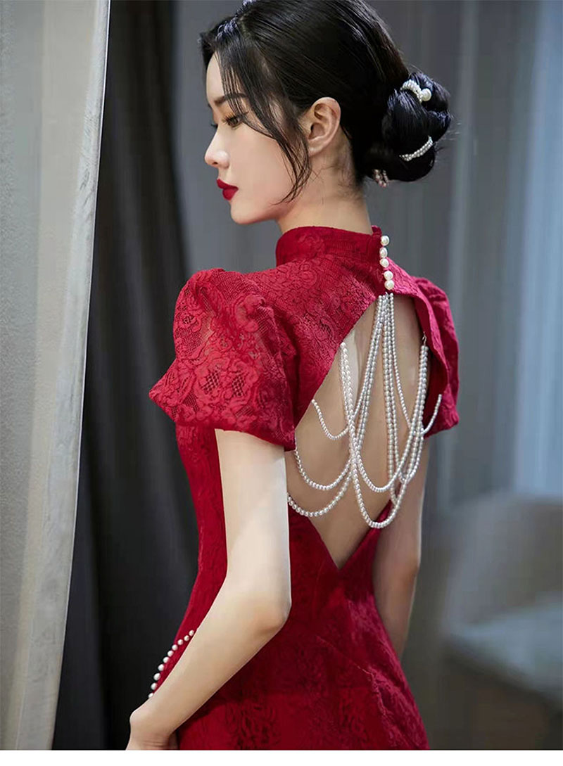 Conventional China Cheongsam Wedding Dresses High Neck backless Mermaid Bridal Gowns Sweep Train Applique Wine Red Lace Wedding Dress