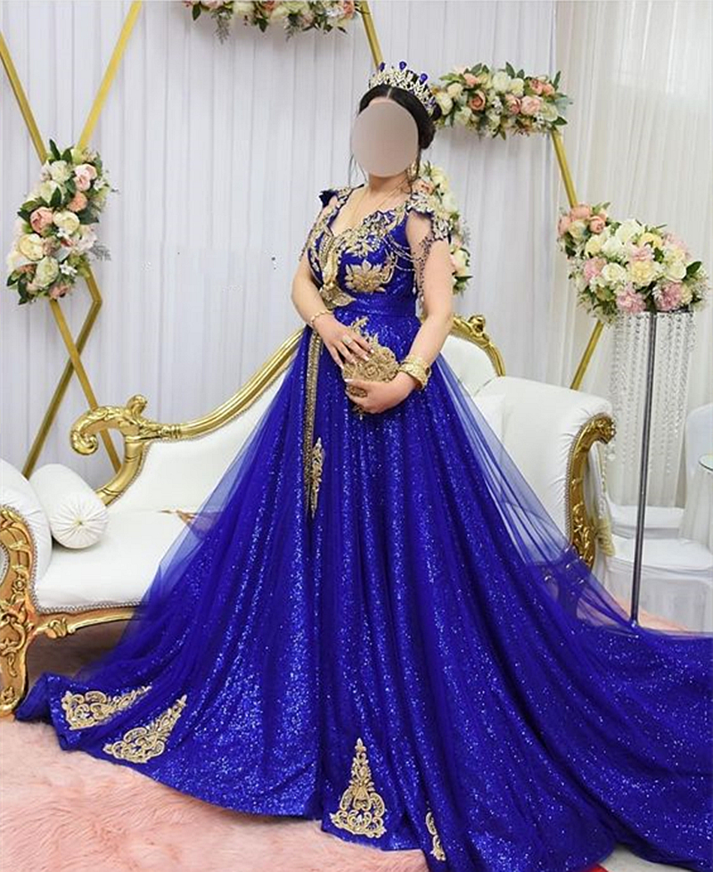 Glitter Algerian Kaftan Evening Dresses Royal Blue Sequined A Line Long Formal Occasion Dress Front Split V-Neck Modern Arabic Dubai Prom Gown For Wom