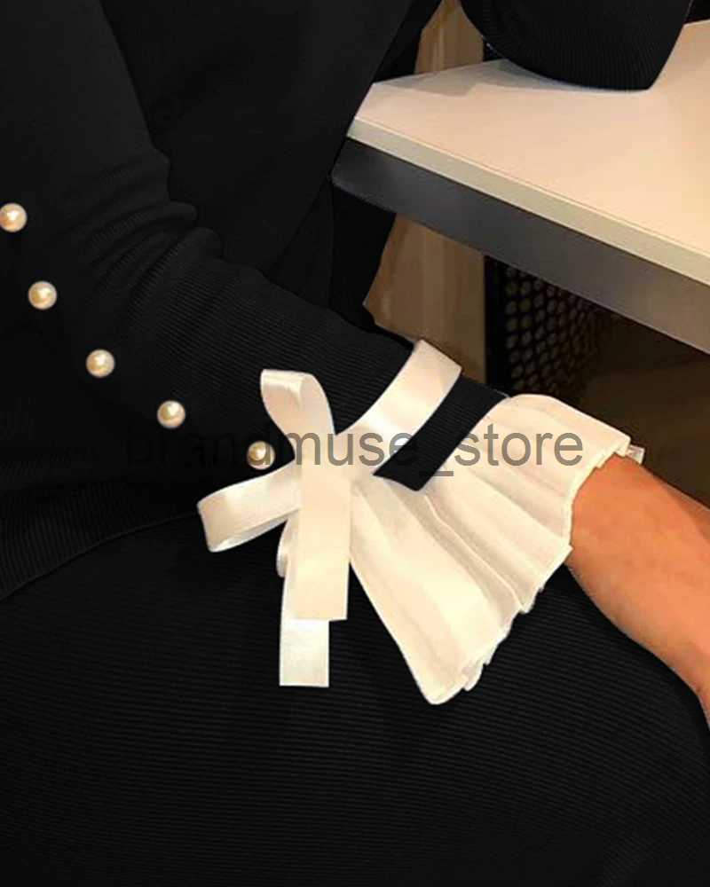 Women's Knits Tees Women Fashion Casual Bowknot Cuff Pullovers Top Autumn Fashion Sweet Style Knit Blouse Beaded Sweater J231208
