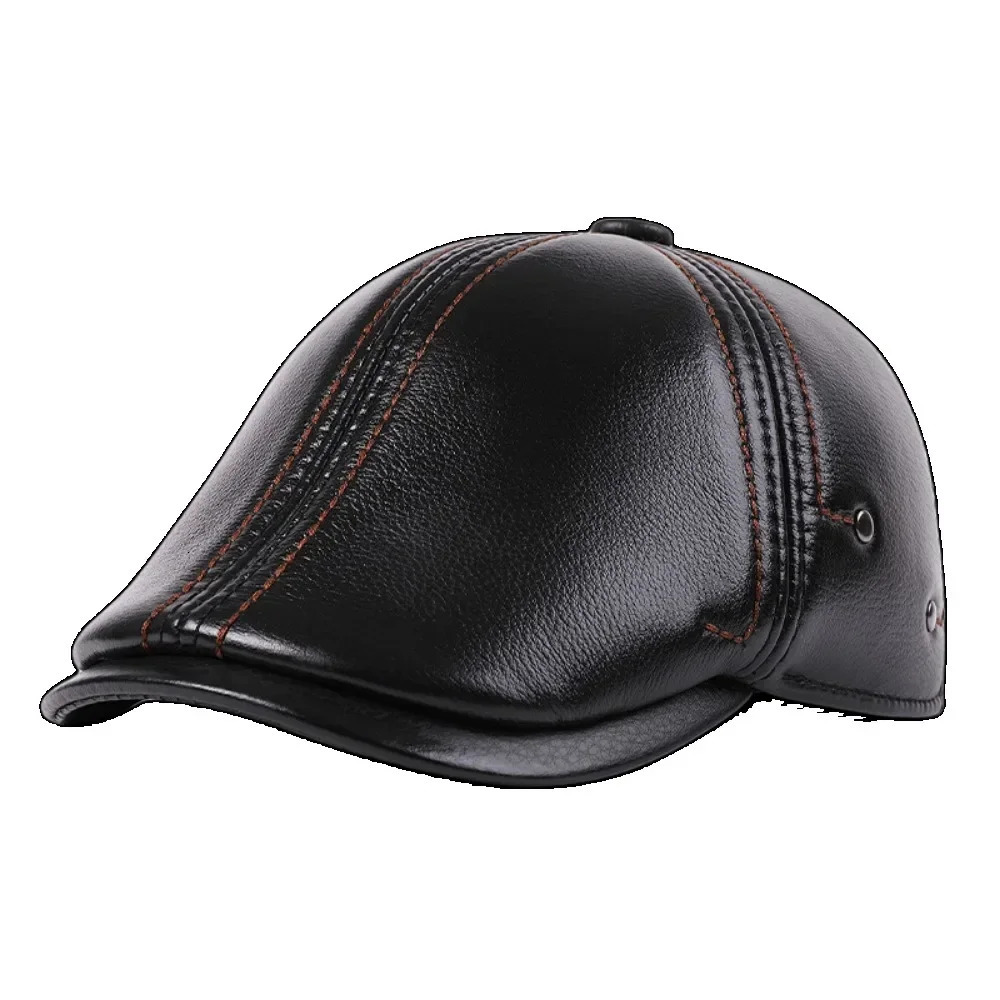 Berets LA SPEZIA Cap Men Winter Beret Real Leather Hat Men s Warm Black Cowskin sboy Casual Flat 231208
