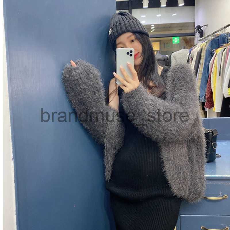 Women's Knits Tees Winter Elegant Women V-Neck Mohair Sweater Coat Mink Cashmere Knitwear Tops Soft Loose All-match Lantern Sleeve Cardigan J2312