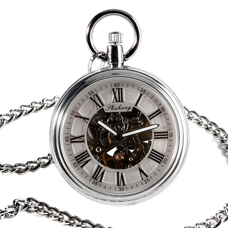 Pocket Watches SHUHANG Mechanic Watch Men Automatic Self Winding Pocket Watch Silver Simple Open Face Chain Pendant with Roman Number 231207
