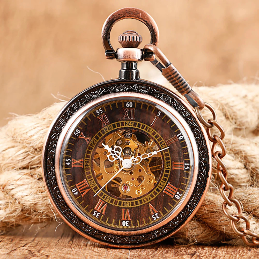 Pocket Watches Steampunk Archaize Antique Copper Skeleton Carving Mechanical Hand Wind Pocket Watch for Men Women Gift With 30 cm Chain 231207
