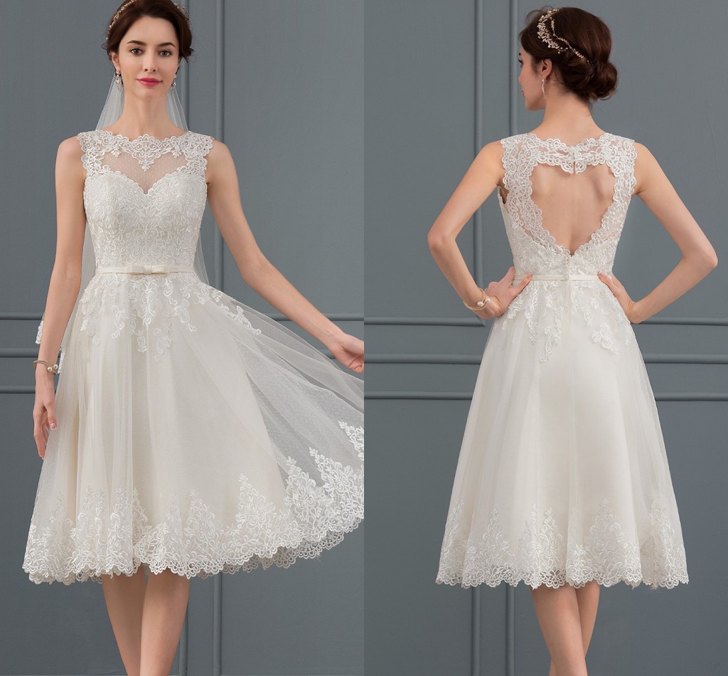 New Short A Line Tulle Wedding Dress 2024 Boat Neck Illusion Lace Appliques Knee-Length Bridal Party Gown Custom Made For Woman Vestido De Noiva