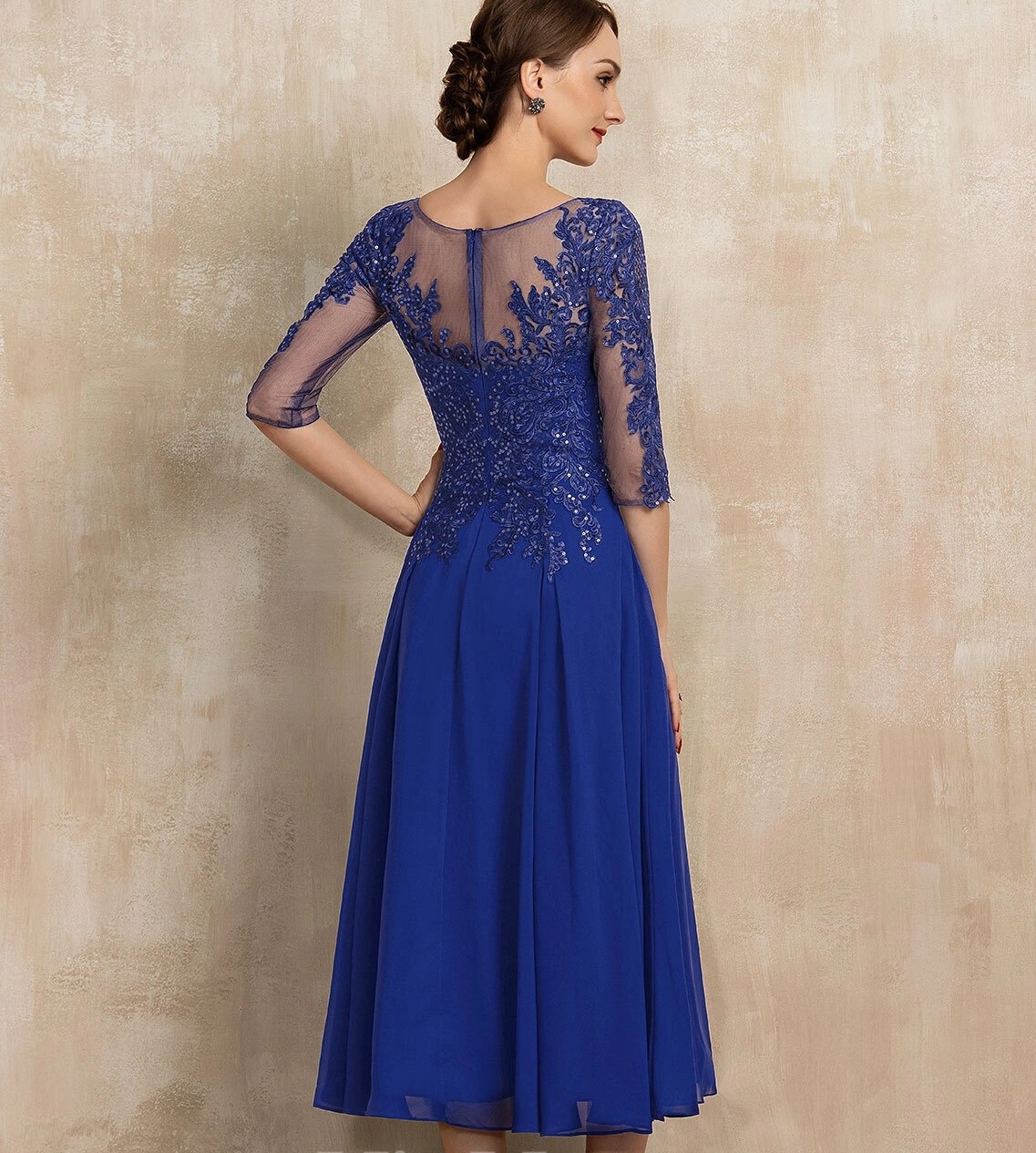 Fashion Royal Blue Homecoming Cocktail Dress Women 2024 A-line Scoop Illusion Tea-Length Chiffon Lace Sequins Birthday Party Dinner Gowns Robe De Soir