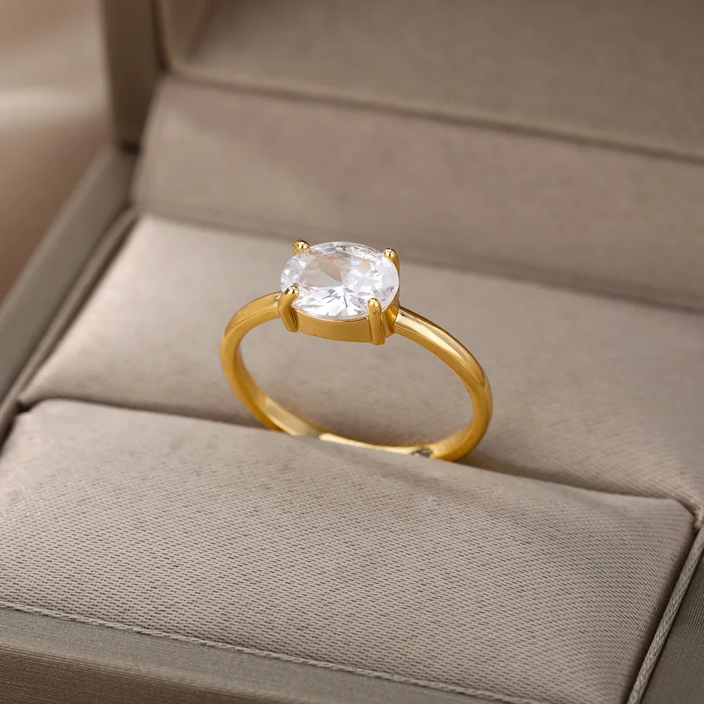 Wedding Rings Boho Oval Birthstone Ring Stainless Steel Couple Birth Stone For Women Jewelry Bride Mother Gift Bague 231208