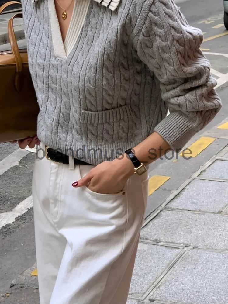 Women's Knits Tees HOUZHOU Cable Knit Sweater Women 2023 Autumn Korean Vintage Turn-down Collar Loose Long Sleeve Sweater Old Money Style Pullove
