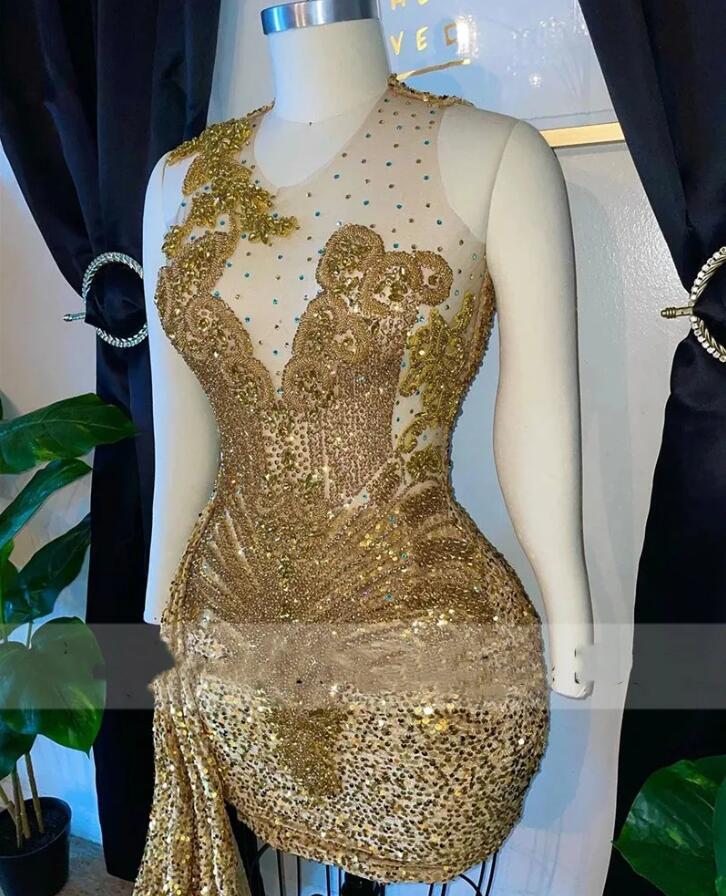 Short Golden Prom Dresses 2024 Sequins Crystals Rhinestones Sheer Neck Mesh evening Party birthday Gowns Cocktail Robe De Bal