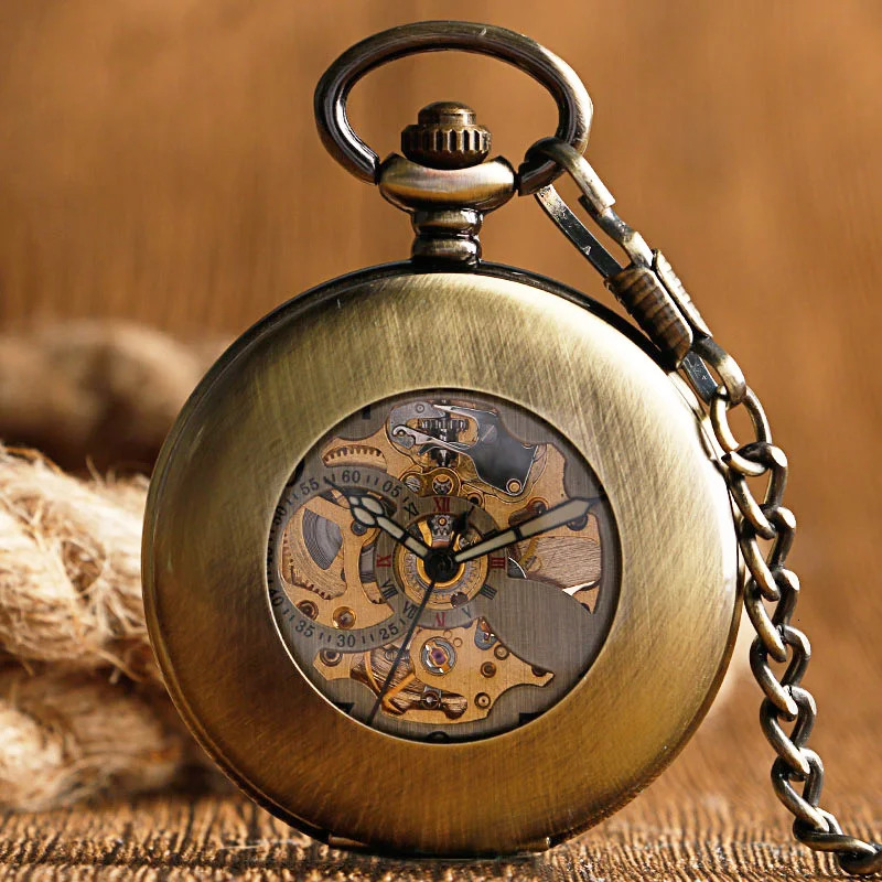 Pocket Watches Self Wind Pocket Watch Copper Fashion Bronze Pendant Smooth Retro Skeleton Unisex Automatic Mechanical Stylish Thanksgiving Gift 231207