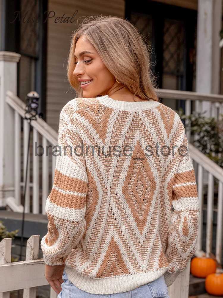 Women's Knits Tees Diamond Pattern Drop Long Sleeve Sweater For Women Casual Loose O-neck Knitted Top 2023 Autumn Winter Pullover Knitwear J23120