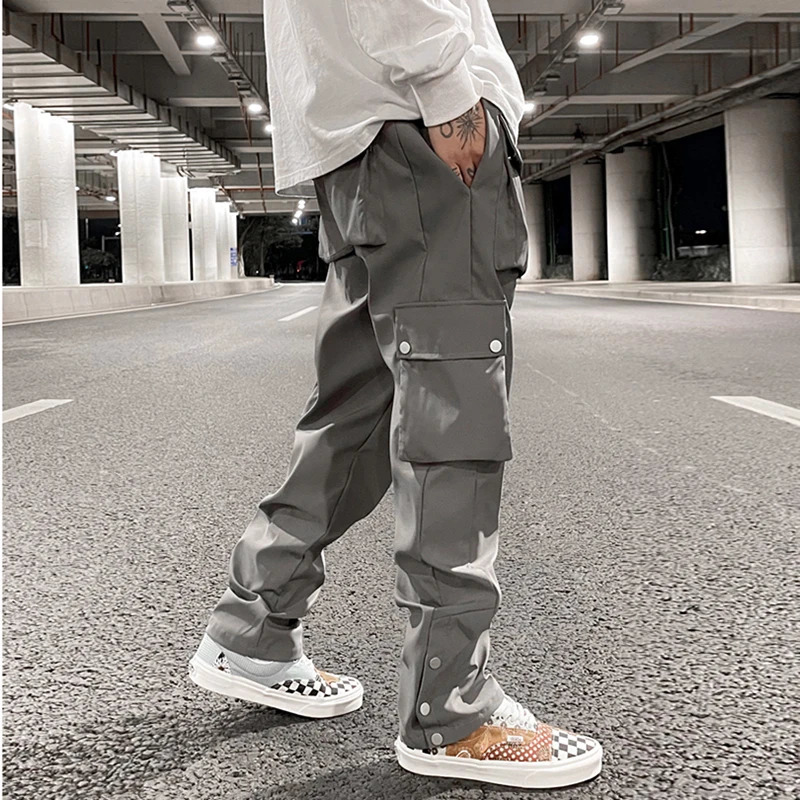 Men s Pants High Street Multi pocket Casual Trousers for Men and Women Side Breasted Drawstring Cargo Harajuku Solid Loose 231208
