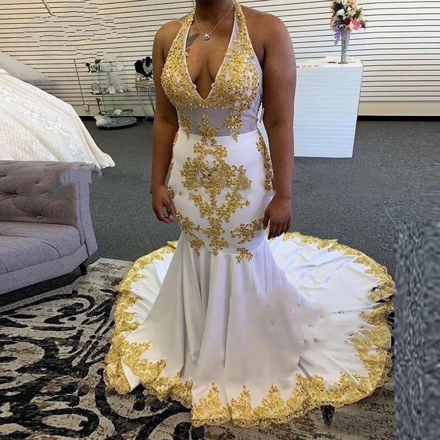 Evening Dresses White Prom Gown Party New Custom Plus Size Lace Up Zipper Sleeveless Backless Mermaid Elastic Satin Halter Gold Applique Beaded Sequin