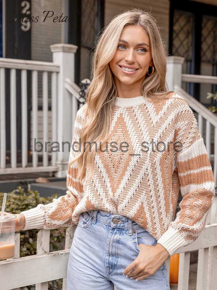 Women's Knits Tees Diamond Pattern Drop Long Sleeve Sweater For Women Casual Loose O-neck Knitted Top 2023 Autumn Winter Pullover Knitwear J23120
