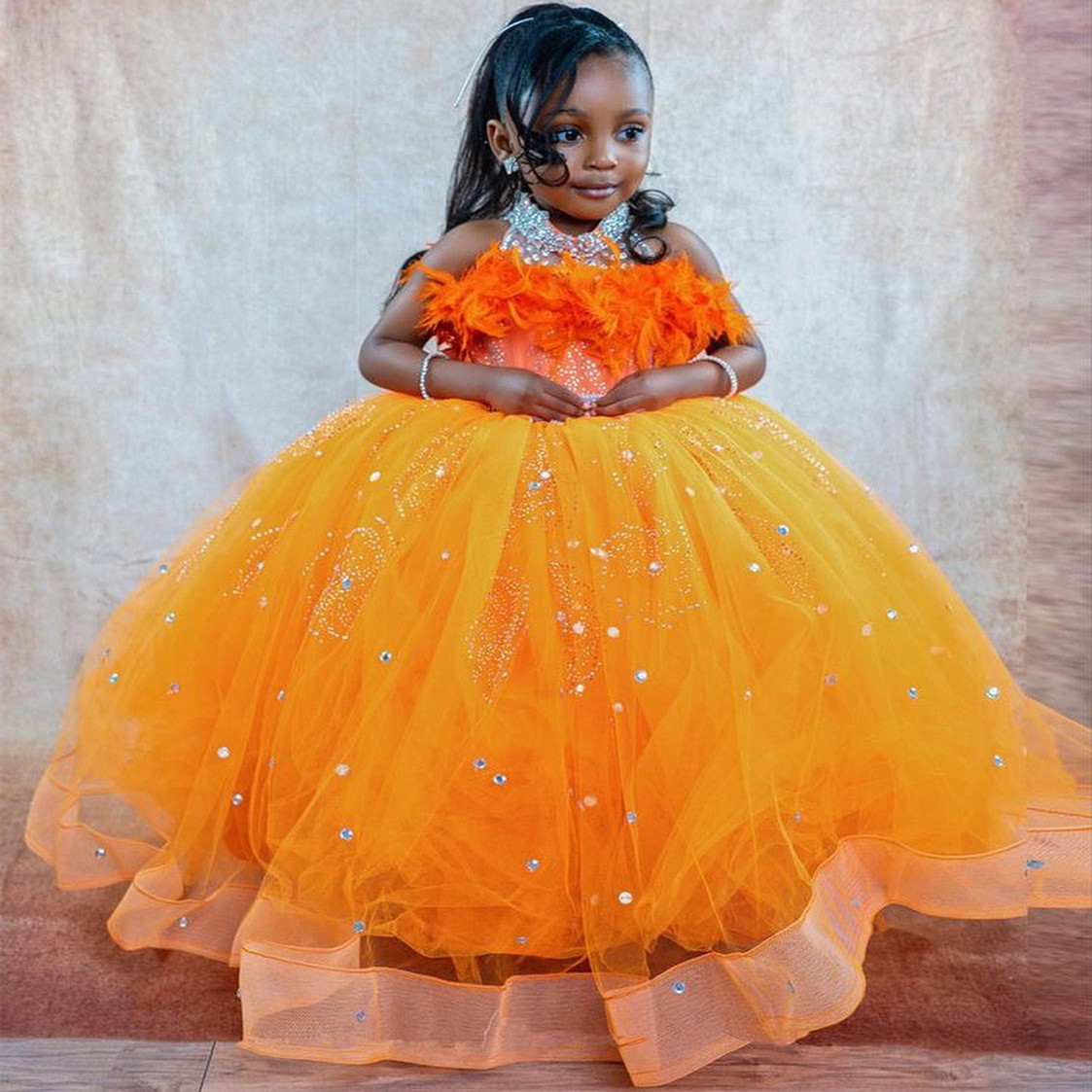2023 Beaded Crystals Flower Girl Dresses Ball Gown Tulle Feathers Vintage Little Girl Christmas Peageant Birthday Christening Tutu Dress Gowns ZJ4239