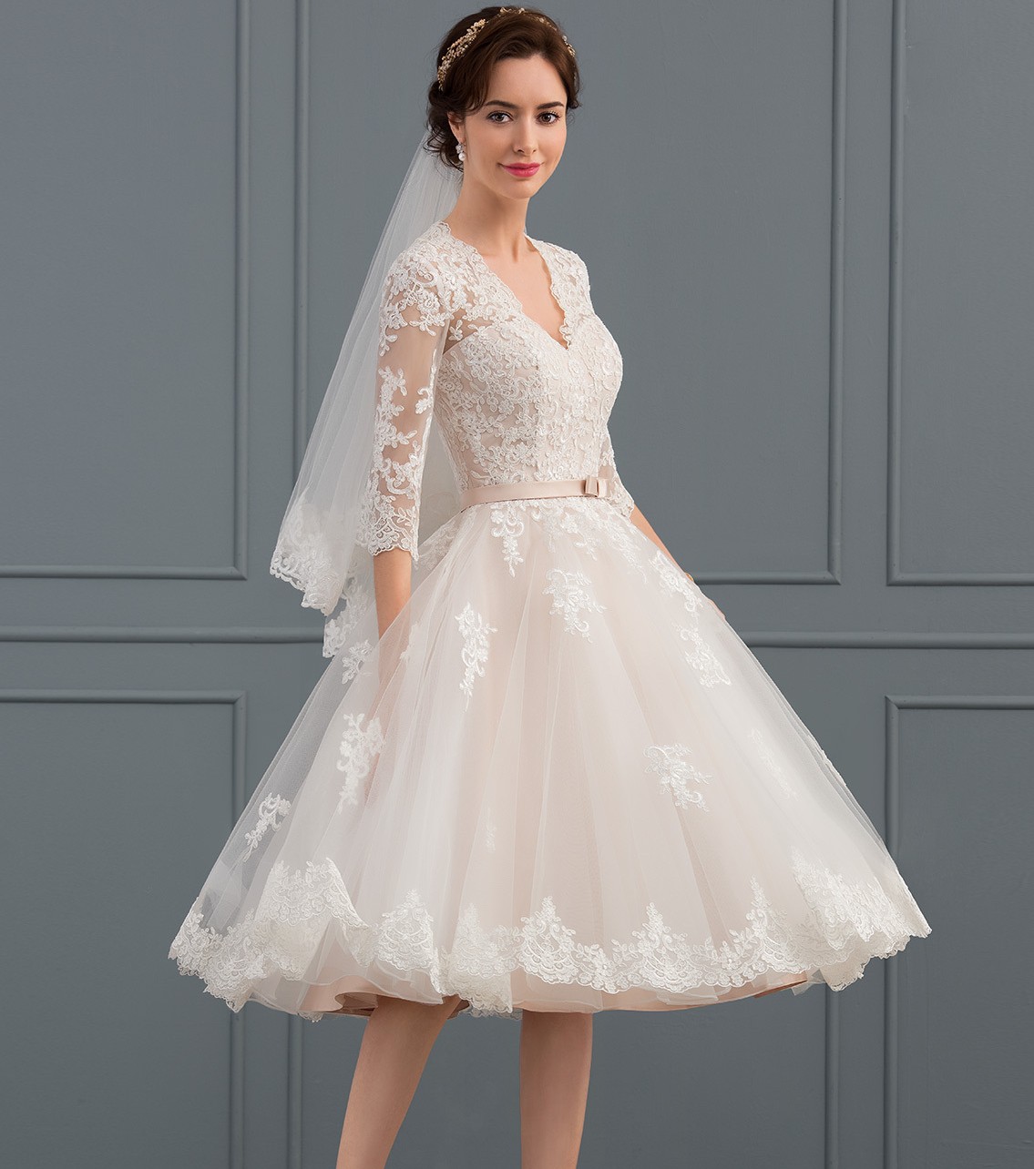 Elegant Short A Line Wedding Dress 2024 Half Sleeves V-neck Lace Appliques Knee-Length Bridal Party Gown Custom Made For Woman Vestido De Noiva