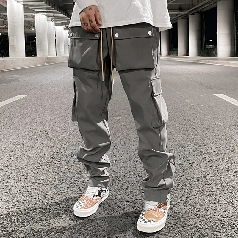 Men s Pants High Street Multi pocket Casual Trousers for Men and Women Side Breasted Drawstring Cargo Harajuku Solid Loose 231208