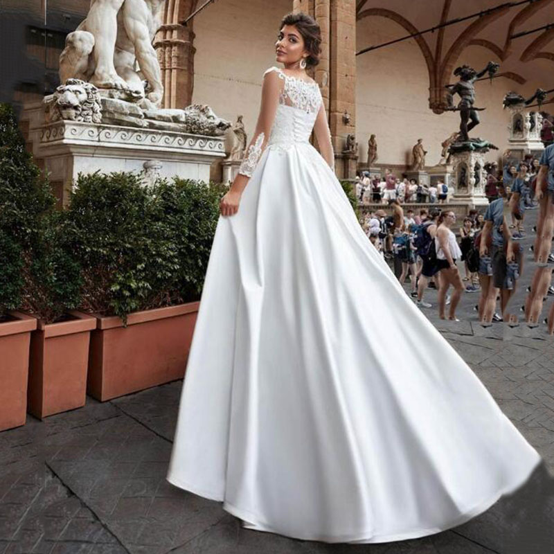 A-Line Satin Illusion Stylish Wedding Dresses 2023 Bride Lace-Up 3/4 Long Sleeve Classic Lace Applique Castle Personalised
