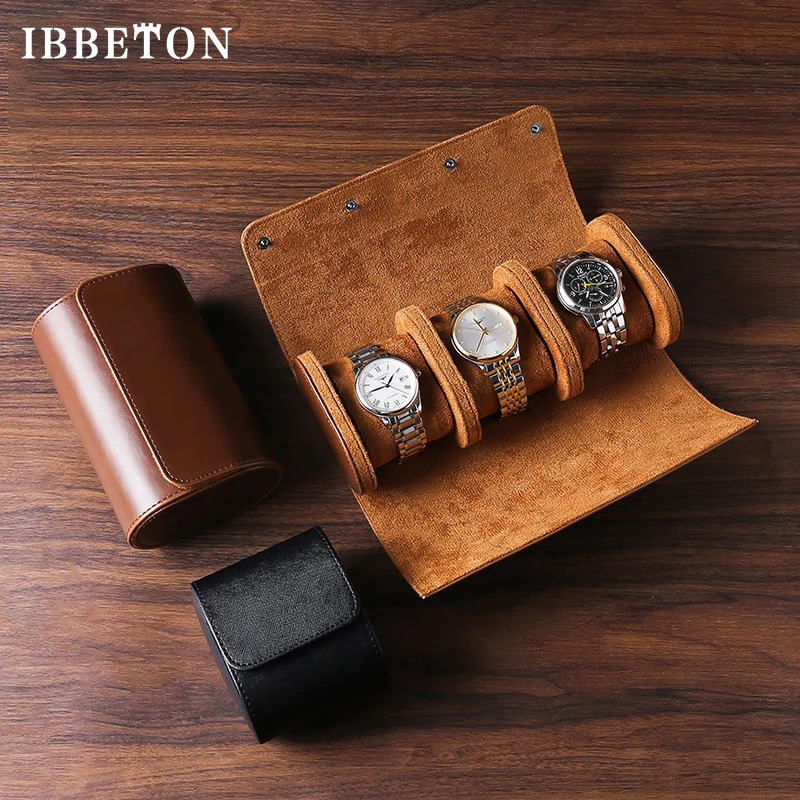 Watch Boxes Cases IBBETON 3 Slot Roll Travel Case Portable Vintage Leather Display Storage Box Organizers of Men Gift 231208