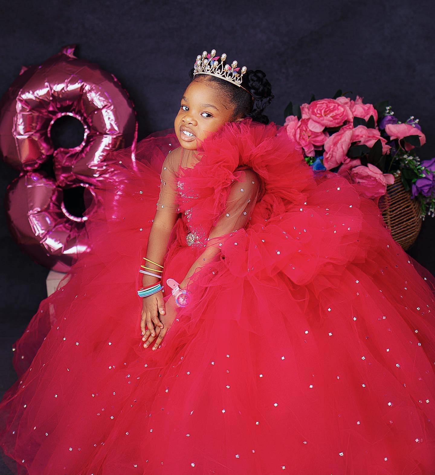 2023 Red Crystals Flower Dresses Ball Gown Tulle Sheer Neck Vintage Little Girl Christmas Peageant Birthday Christening Tutu Dress Gowns Zj4240 0708