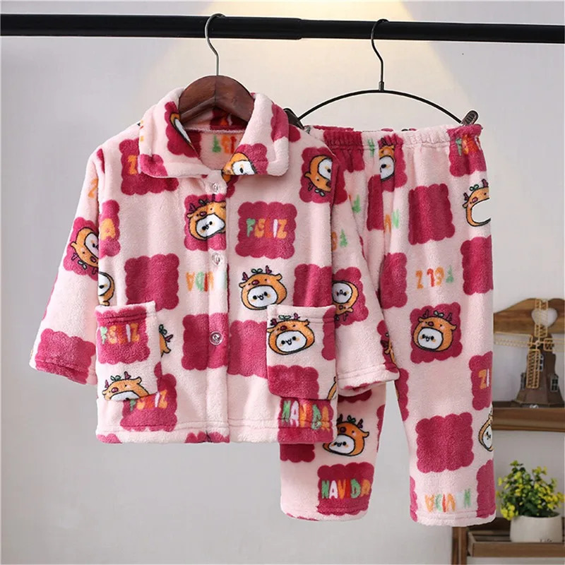 Pajamas Autumn Winter Baby Boy Girl Clothes Pajamas Set Thick Flannel Fleece Toddler Child Warm Cartoon Sleepwear Kids Home Suit 231207