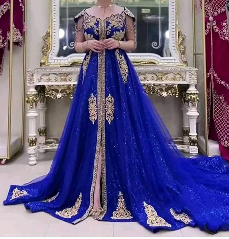 Glitter Algerian Kaftan Evening Dresses Royal Blue Sequined A Line Long Formal Occasion Dress Front Split V-Neck Modern Arabic Dubai Prom Gown For Wom