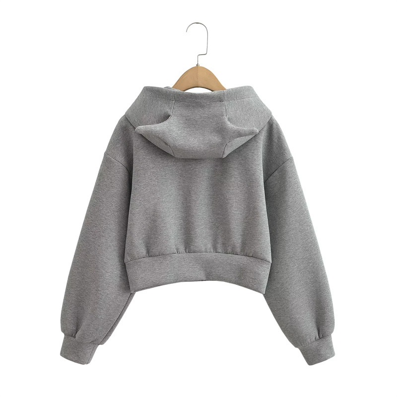 Small Fresh Fashion Hooded Little Devil Hoodie Autumn and Winter New Solid Color Short Zip Cardigan Women