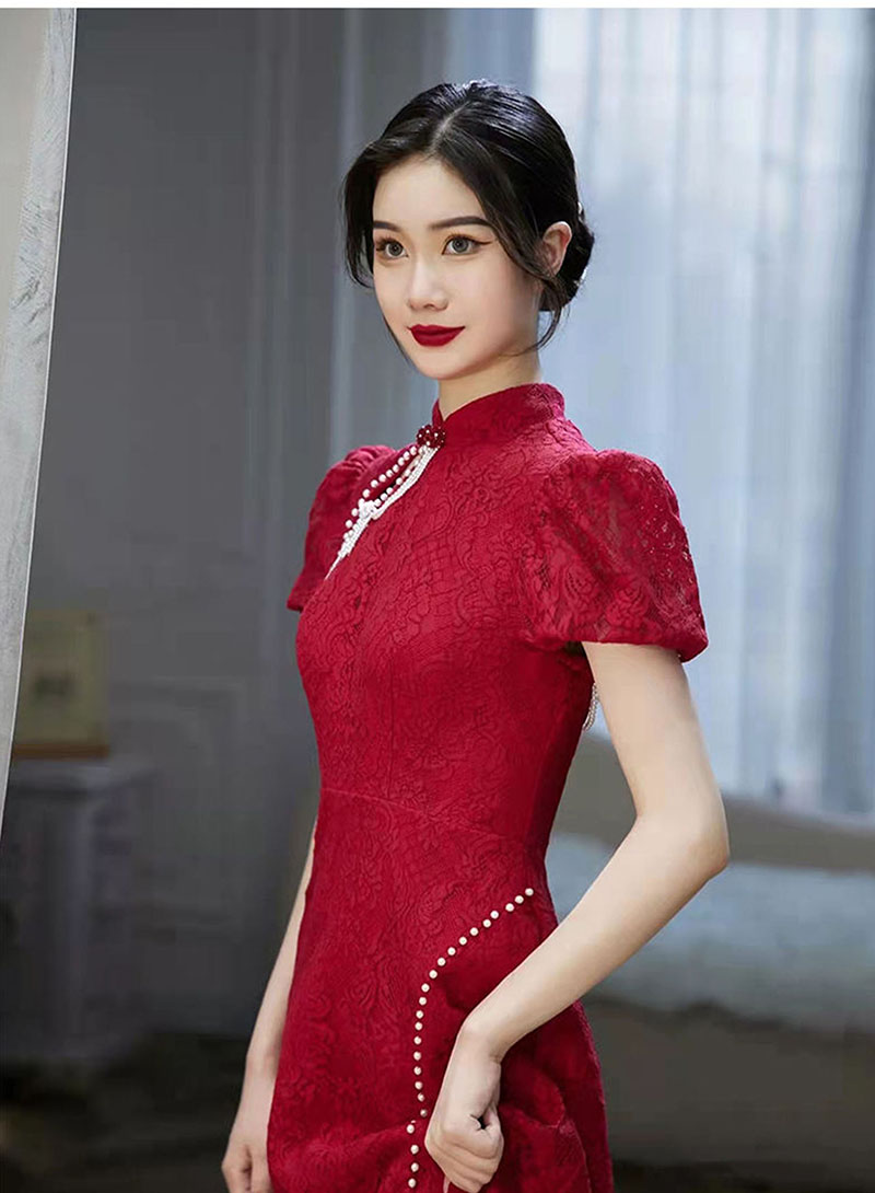Conventional China Cheongsam Wedding Dresses High Neck backless Mermaid Bridal Gowns Sweep Train Applique Wine Red Lace Wedding Dress