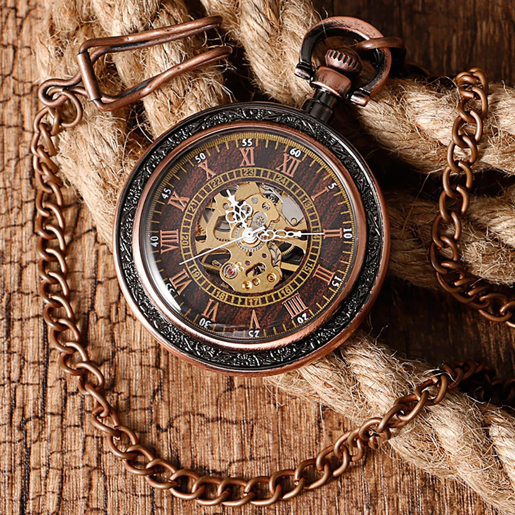 Pocket Watches Steampunk Archaize Antique Copper Skeleton Carving Mechanical Hand Wind Pocket Watch for Men Women Gift With 30 cm Chain 231207