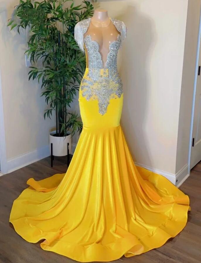 Rhinestone Prom Dresses For Women Beading Yellow Velvet Mermaid Evening Gowns Black Girls Robes De Bal Party Wear