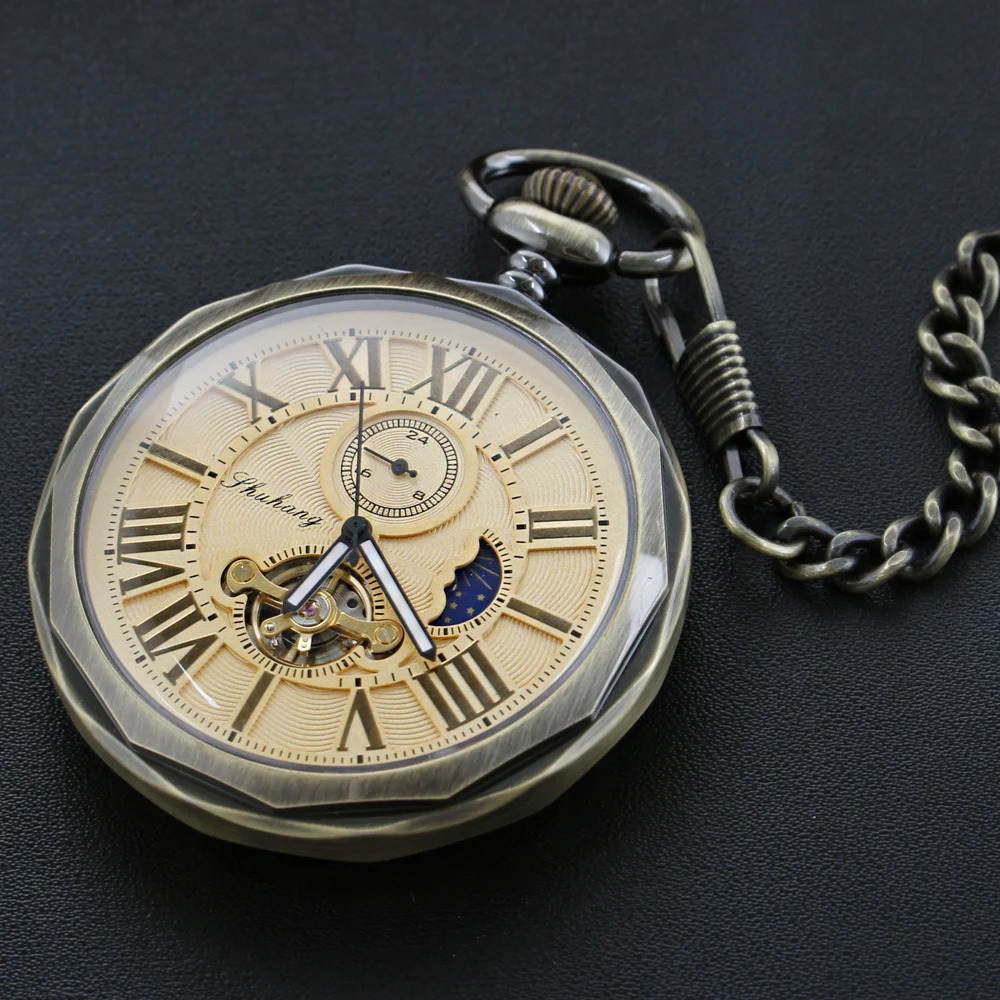 Pocket Watches Antique Moon Phase Flywheel High Quality Mechanical Pocket Watch Retro Men's Necklace Pendant Clock Women's Jewelry Gift 2312