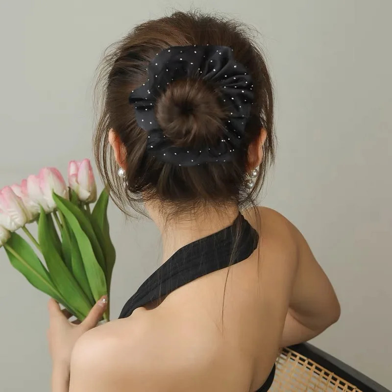 Hair Rubber Bands Women Fashion Silk Scrunchie With Rhinestones Elastic Satin Hair Band Girls Big Hair Tie Balck Crunchy For Hair Accessories 231208