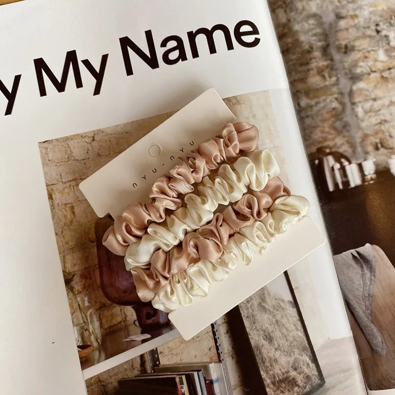 Hair Rubber Bands 4pcs Pure Silk Skinnies Small Scrunchie Set Hair Bow Ties Ropes Bands Skinny Scrunchy Elastics Ponytail Holders for Women Girls 2312