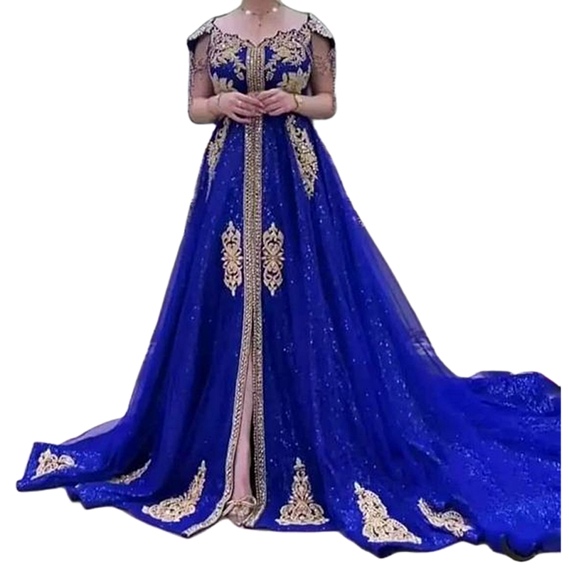 Glitter Algerian Kaftan Evening Dresses Royal Blue Sequined A Line Long Formal Occasion Dress Front Split V-Neck Modern Arabic Dubai Prom Gown For Wom