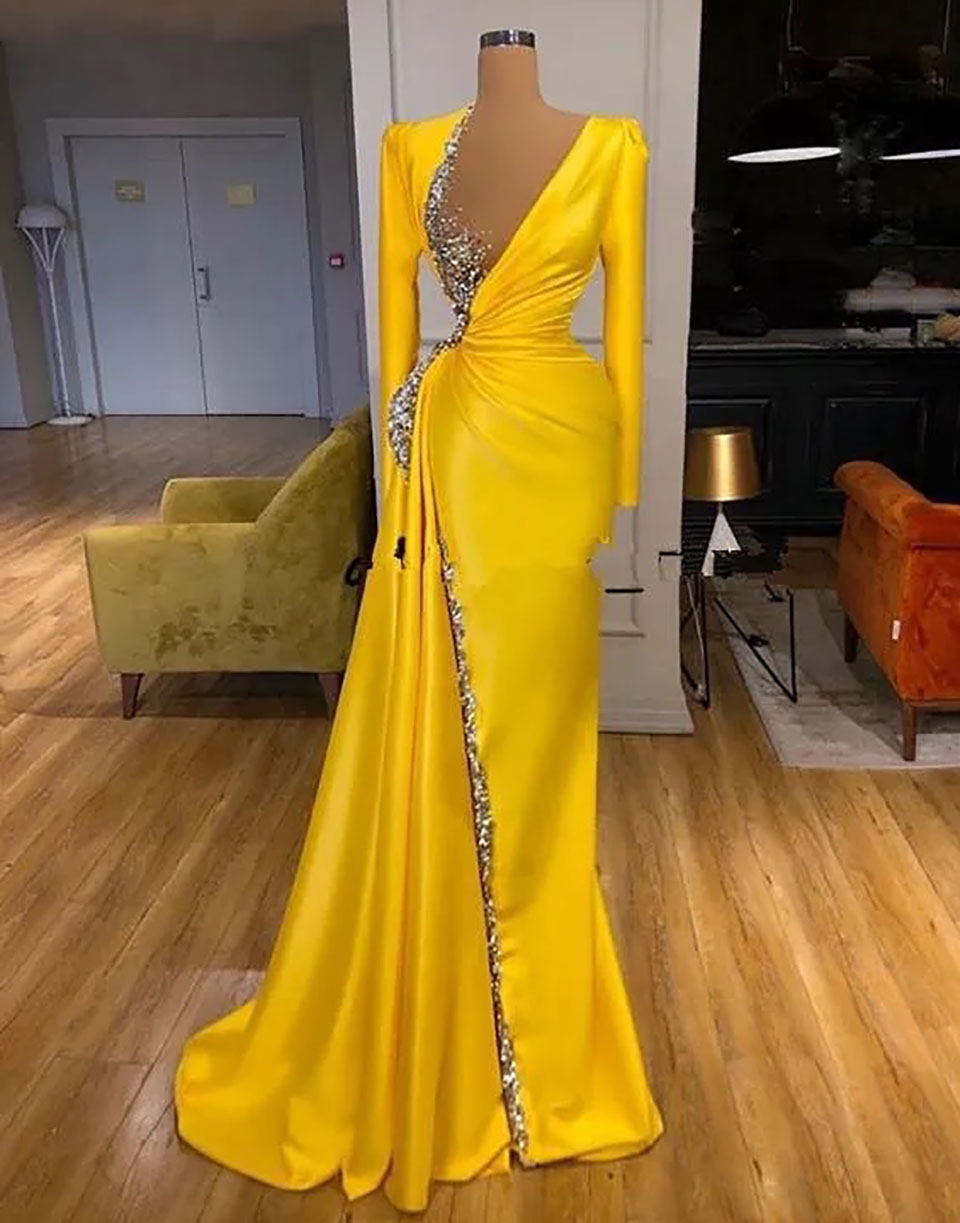 Evening Dresses Yellow Prom Gown Party New Custom Plus Size Lace Up Zipper Beaded Sequins A Line O-Neck Long Sleeve Satin Thigh-High Slits