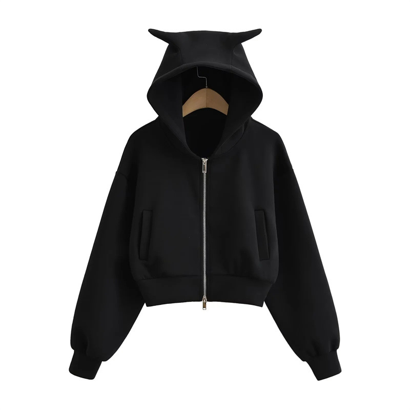 Small Fresh Fashion Hooded Little Devil Hoodie Autumn and Winter New Solid Color Short Zip Cardigan Women