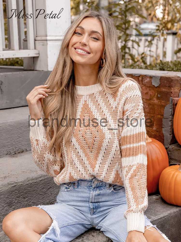 Women's Knits Tees Diamond Pattern Drop Long Sleeve Sweater For Women Casual Loose O-neck Knitted Top 2023 Autumn Winter Pullover Knitwear J23120