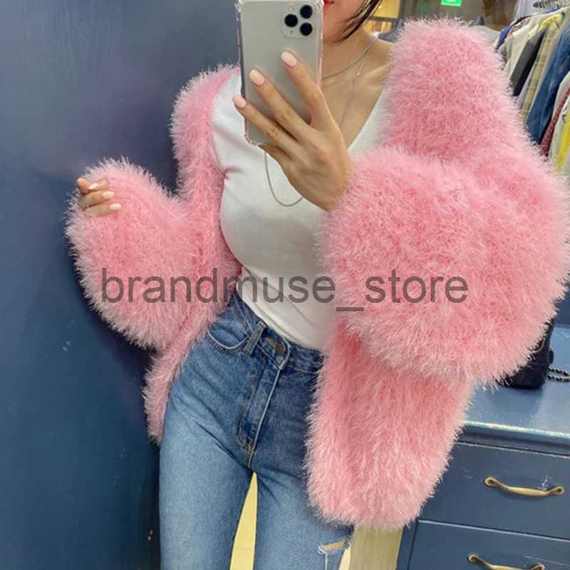 Women's Knits Tees Winter Elegant Women V-Neck Mohair Sweater Coat Mink Cashmere Knitwear Tops Soft Loose All-match Lantern Sleeve Cardigan J2312