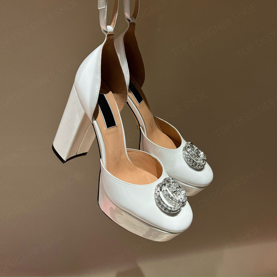 Crystal Buckle Round Toe Platform Sandals Pumps Patent Leather Chunky Block High Heels Ankle Plaque Strap Heeled Dress Shoes Womens Designer Shoe 11.5cm with box