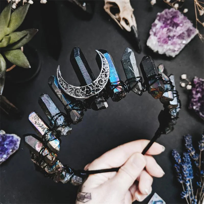 Headbands Raw Crystal Crown Headband Tiara Bride Wedding Halloween Costume Witch Cosplay for Women Girl 231207