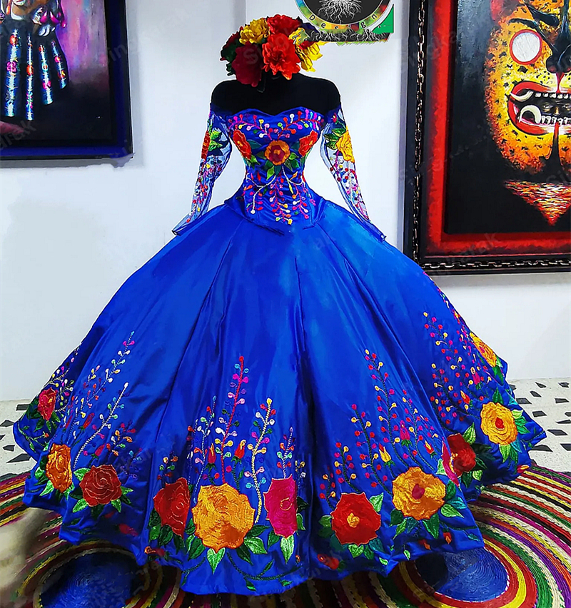 Vintage Royal Blue Mexican Quinceanera Dresses Charro Flower Embroidered Satin Off The Shoulder Sweetheart Ball Gown Luxury Sweet 16 Dress Illusion Lo