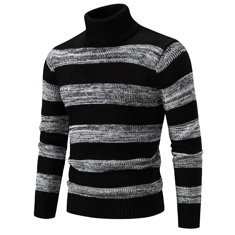 Men s Sweaters Autumn and Winter Sweater Korean Pullover of Black White Stripes Stitching High necked Slim Undershirt 231208