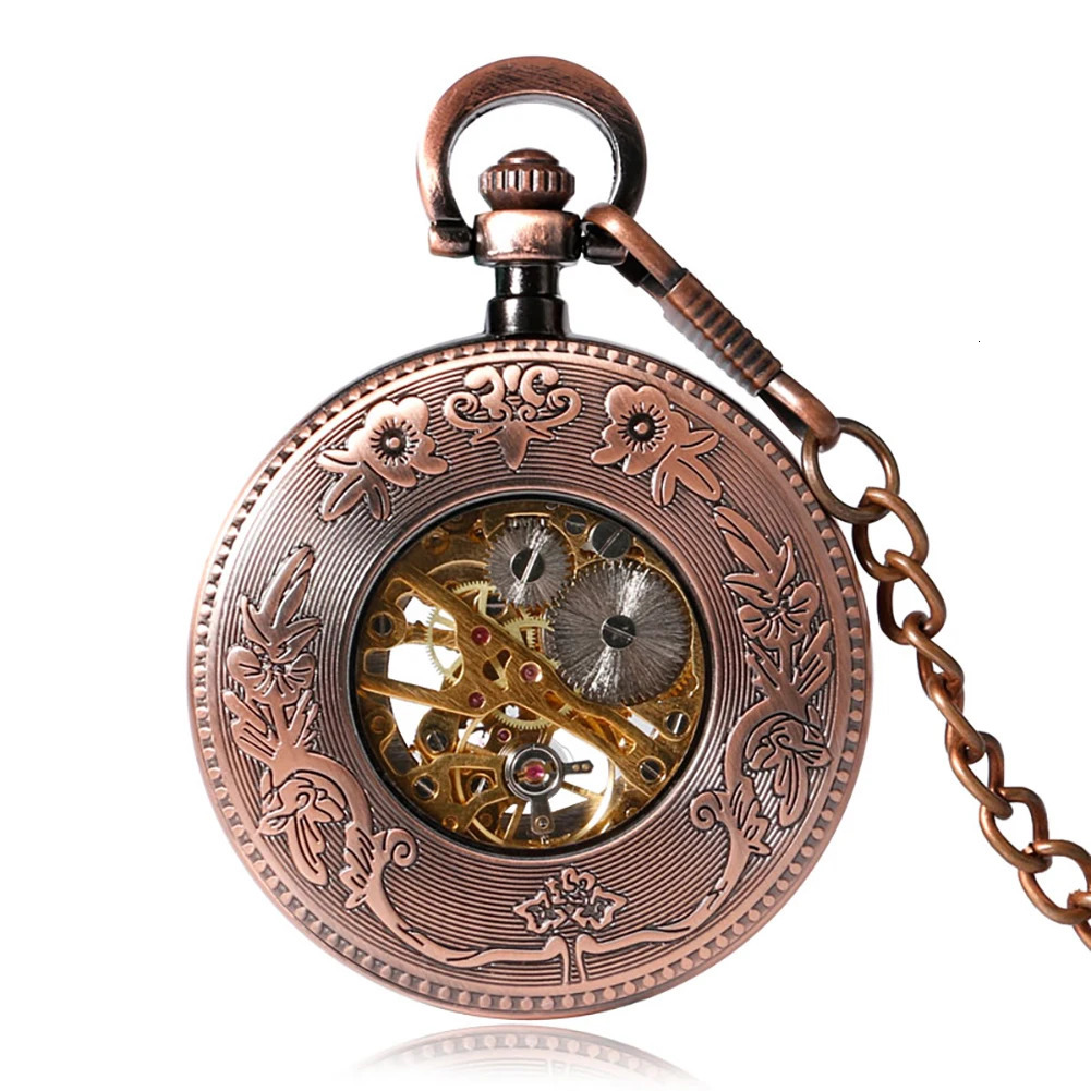 Pocket Watches Steampunk Archaize Antique Copper Skeleton Carving Mechanical Hand Wind Pocket Watch for Men Women Gift With 30 cm Chain 231207