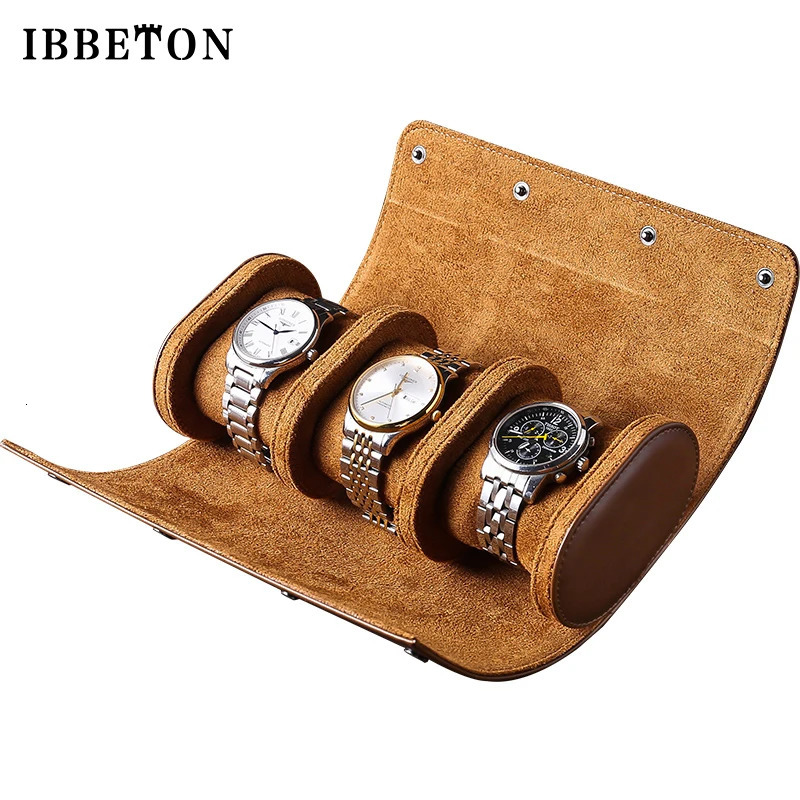 Watch Boxes Cases IBBETON 3 Slot Roll Travel Case Portable Vintage Leather Display Storage Box Organizers of Men Gift 231208
