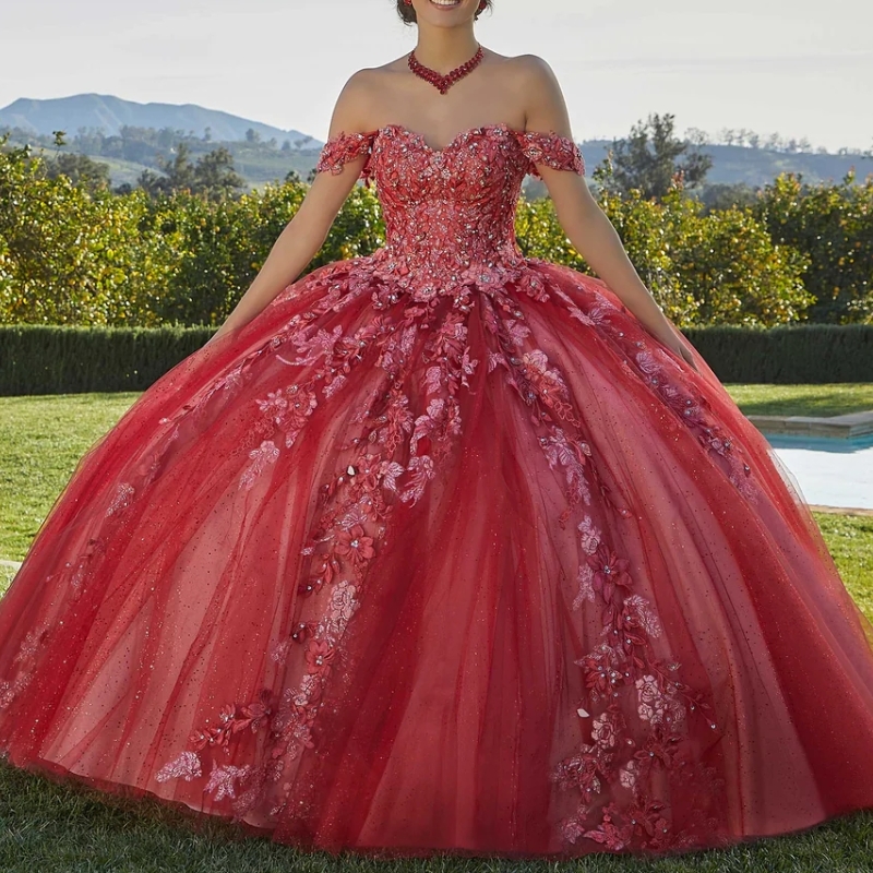 Red Shiny Quinceanera Princess Sweet 16 Years Girl Birthday Party Dresses Appliques Lace Beads vestidos 15 de quinceanera Anos