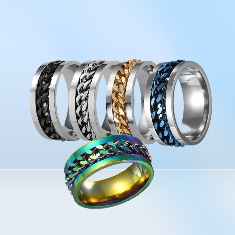 whole 50pcsLot top men women stainless steel chain spinner rings fashion jewelry party gifts Punk Style biker ring