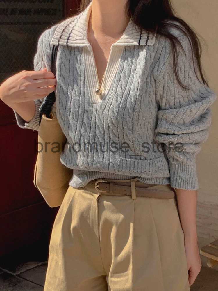 Women's Knits Tees HOUZHOU Cable Knit Sweater Women 2023 Autumn Korean Vintage Turn-down Collar Loose Long Sleeve Sweater Old Money Style Pullove