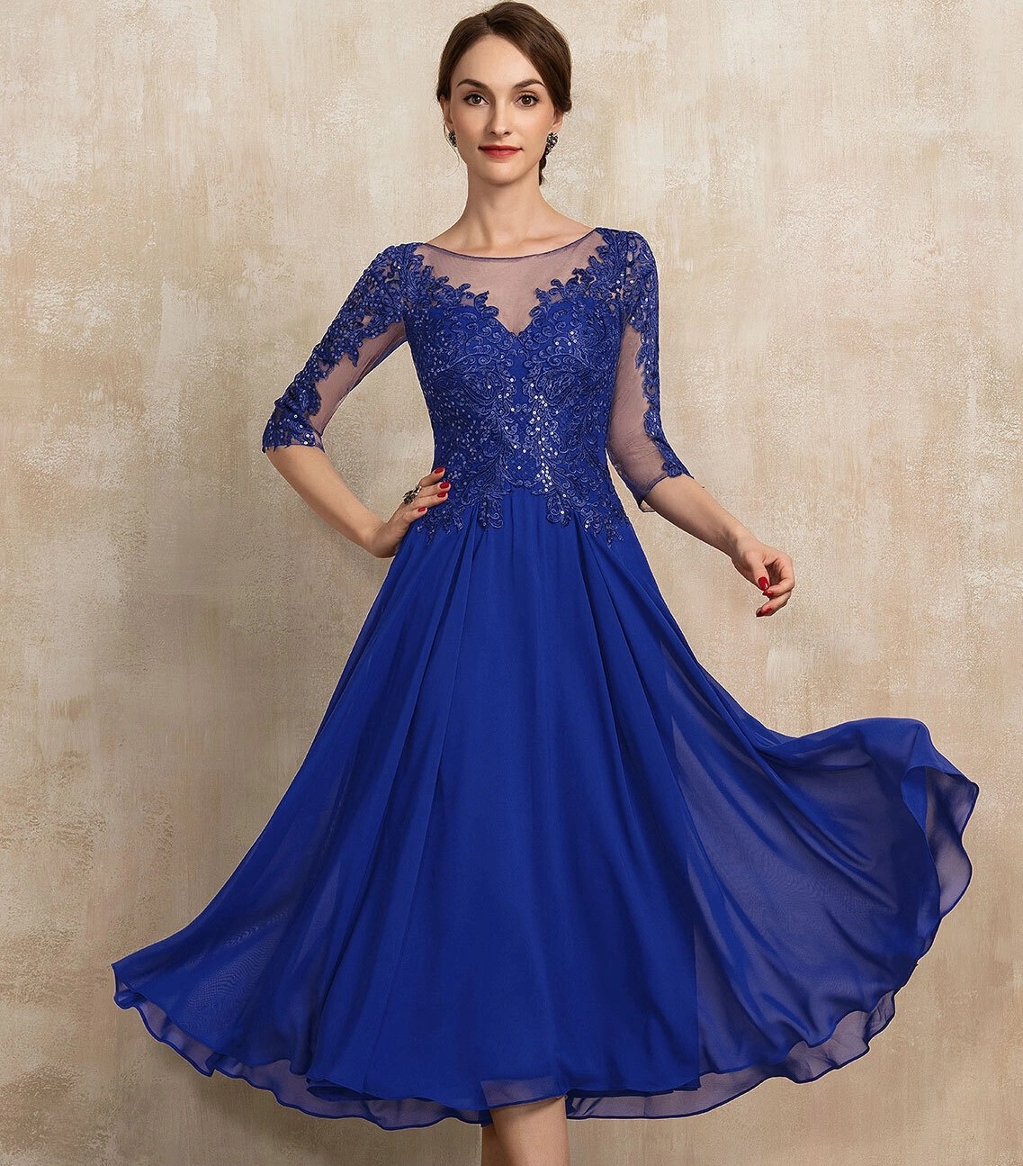 Fashion Royal Blue Homecoming Cocktail Dress Women 2024 A-line Scoop Illusion Tea-Length Chiffon Lace Sequins Birthday Party Dinner Gowns Robe De Soir