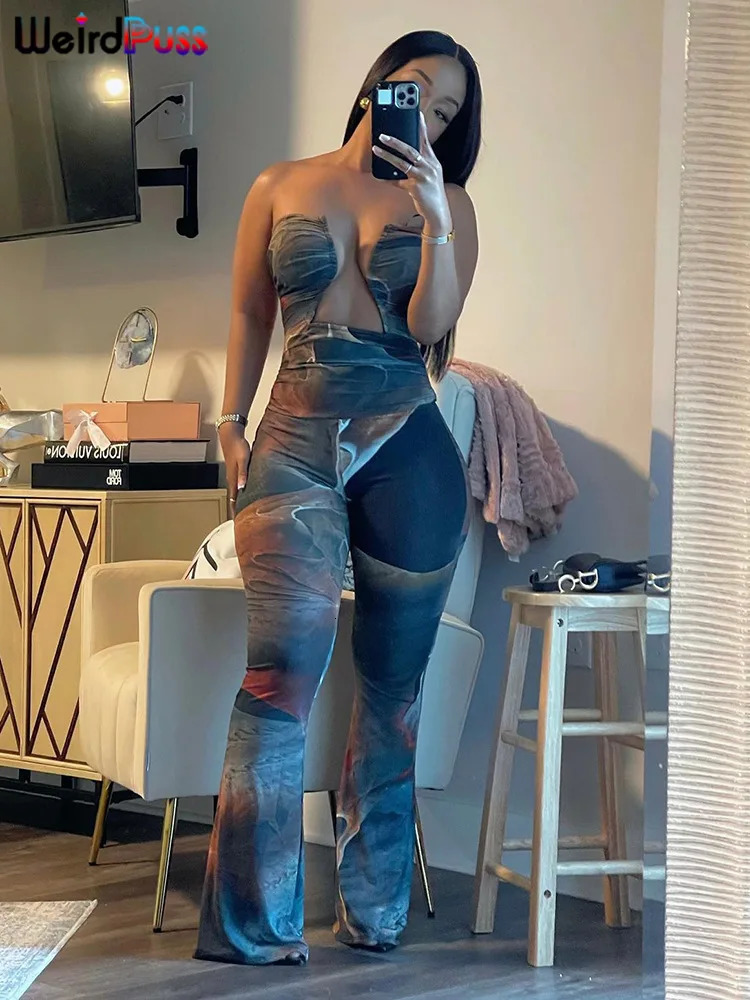 Women's Jumpsuits Rompers Weird Puss Strapless Jumpsuit Women Gradient Print Sleeveless Vacation Trend Elegant Skinny Elastic Streetwear Workout Overalls 231208